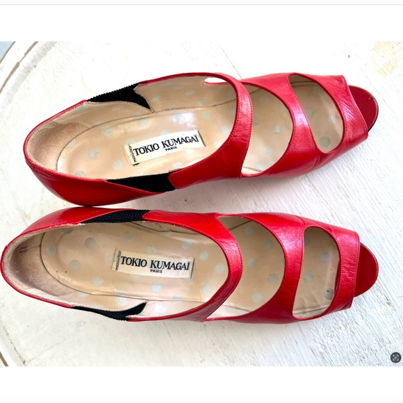 Vintage TOKIO KUMAGAI Red/ Black Leather Pumps Made In Italy - 39 1/2 - Picture 8 of 13